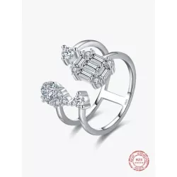 Anillo ajustable de circonita cúbica geométrica de doble capa de plata de ley S925, un regalo clásico de joyería de lujo para el