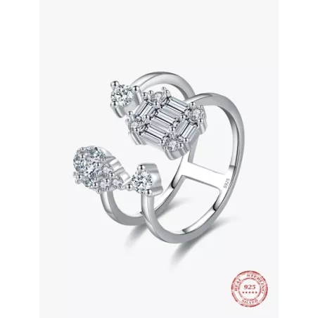 Anillo ajustable de circonita cúbica geométrica de doble capa de plata de ley S925, un regalo clásico de joyería de lujo para el