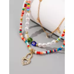 3 piezas Collar de color combinado con cuenta con accesorio de corazón