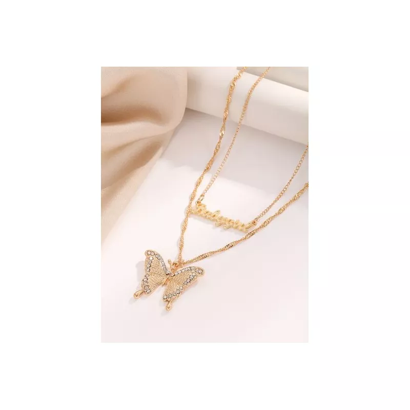 2 piezas Collar con accesorio con diseño de diamante de imitación con mariposa y letra