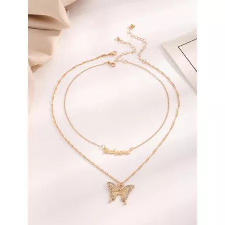 2 piezas Collar con accesorio con diseño de diamante de imitación con mariposa y letra