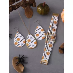 3 piezas set de joyas de cuero de Pu con tema de murciélago de araña de calabaza de Halloween que incluye aretes, collar, cadena