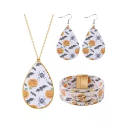 3 piezas set de joyas de cuero de Pu con tema de murciélago de araña de calabaza de Halloween que incluye aretes, collar, cadena
