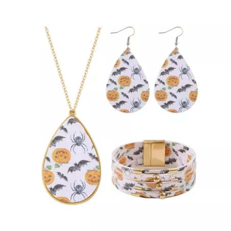 3 piezas set de joyas de cuero de Pu con tema de murciélago de araña de calabaza de Halloween que incluye aretes, collar, cadena