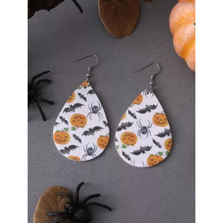 3 piezas set de joyas de cuero de Pu con tema de murciélago de araña de calabaza de Halloween que incluye aretes, collar, cadena