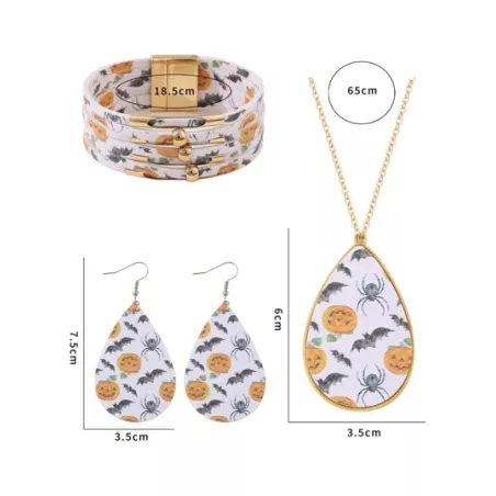 3 piezas set de joyas de cuero de Pu con tema de murciélago de araña de calabaza de Halloween que incluye aretes, collar, cadena
