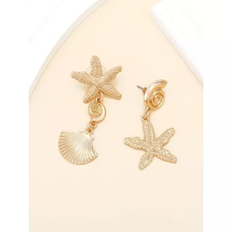 1 par asimétrico estilo de playa de metal caracola & en forma de estrella de mar colgante Pendientes para mujeres , vacación Acc