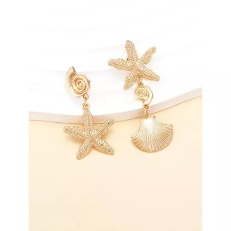 1 par asimétrico estilo de playa de metal caracola & en forma de estrella de mar colgante Pendientes para mujeres , vacación Acc