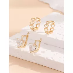 2 pares/set Pendientes de aro zirconia cúbica con adorno de corazón