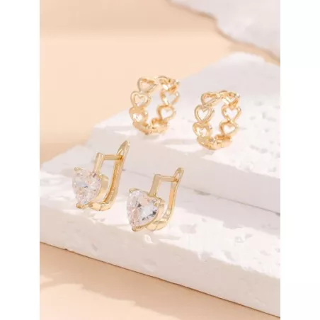 2 pares/set Pendientes de aro zirconia cúbica con adorno de corazón