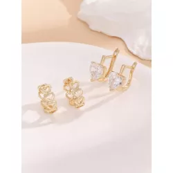 2 pares/set Pendientes de aro zirconia cúbica con adorno de corazón