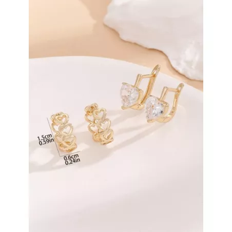 2 pares/set Pendientes de aro zirconia cúbica con adorno de corazón