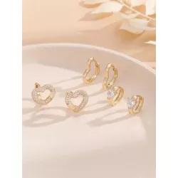 6 piezas/set Pendientes de aro zirconia cúbica con adorno de corazón