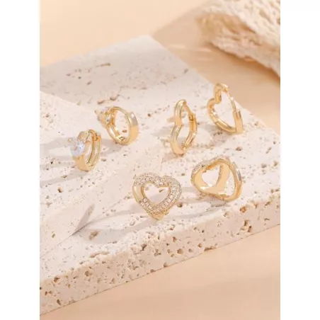 6 piezas/set Pendientes de aro zirconia cúbica con adorno de corazón