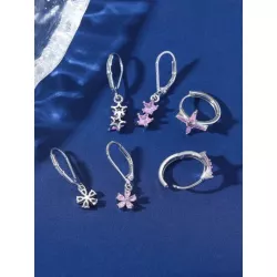 3 pares/set Pendientes atractivo cobre zirconia cúbica con estrella & con diseño de flor para mujeres para decoración diaria