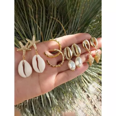 4 pares/set Pendientes al azar bohemio aleación de zinc con concha y estrella de mar adorno para mujeres para regalo