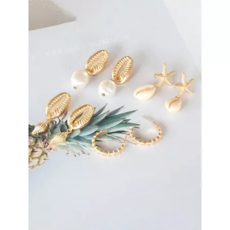 4 pares/set Pendientes al azar bohemio aleación de zinc con concha y estrella de mar adorno para mujeres para regalo