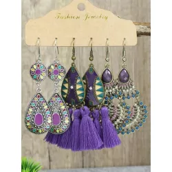 3 pares/set Pendientes con gota de agua bohemio aleación de zinc con fleco & para mujeres para decoración diaria