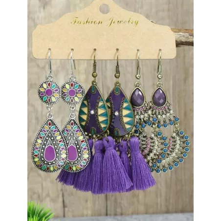 3 pares/set Pendientes con gota de agua bohemio aleación de zinc con fleco & para mujeres para decoración diaria