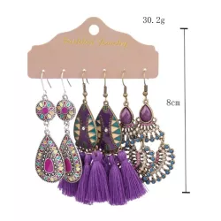 3 pares/set Pendientes con gota de agua bohemio aleación de zinc con fleco & para mujeres para decoración diaria