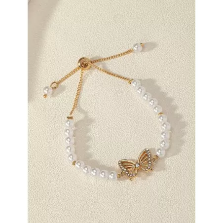 1 pieza Pulsera de cadena con diamante de imitación con mariposa & con diseño de perla artificial