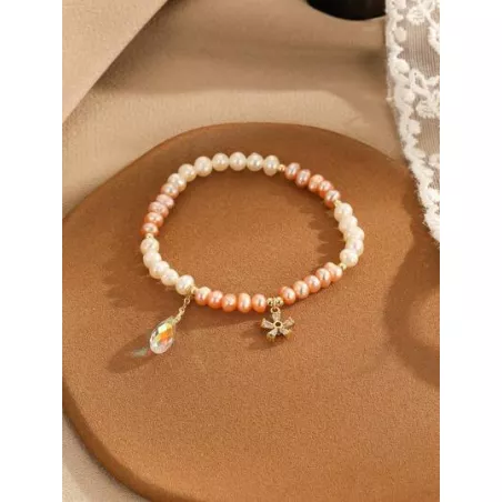 1 pieza Pulsera moda perla cultivada con diamante de imitación con accesorio de flor para mujeres para decoración diaria