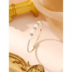 1 pieza Brazalete exquisito con perla artificial & zirconia cúbica adorno para mujeres para decoración diaria