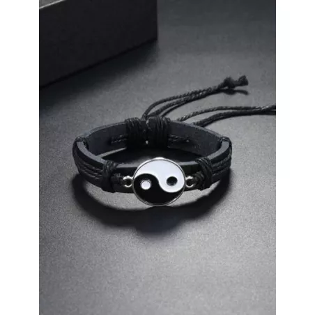 1 pieza Pulsera de cuerda de hombres vintage trenzado con diseño de Yin y Yang ajustable PU