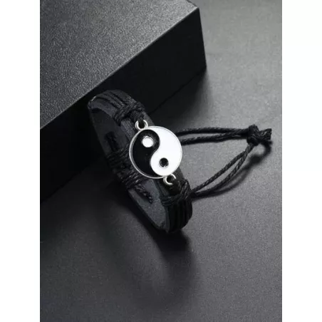 1 pieza Pulsera de cuerda de hombres vintage trenzado con diseño de Yin y Yang ajustable PU