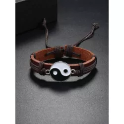 1 pieza Pulsera de cuerda de hombres vintage trenzado con diseño de Yin y Yang ajustable PU