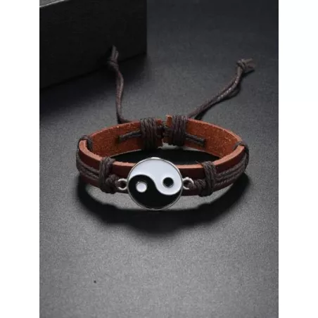 1 pieza Pulsera de cuerda de hombres vintage trenzado con diseño de Yin y Yang ajustable PU