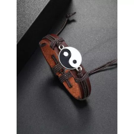 1 pieza Pulsera de cuerda de hombres vintage trenzado con diseño de Yin y Yang ajustable PU