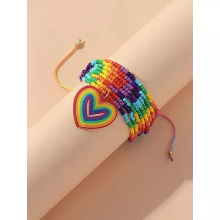 Pulsera con cuenta LGBT con patrón de rayas de arcoíris con accesorio de corazón