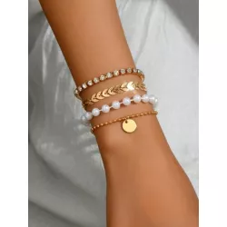 4 piezas/set Pulsera con diseño de diamante de imitación y perla artificial