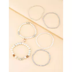 6 piezas/set Pulsera con cuenta con diseño de diamante de imitación y perla artificial