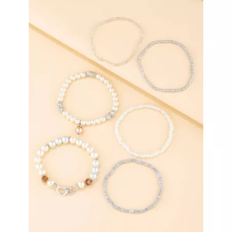 6 piezas/set Pulsera con cuenta con diseño de diamante de imitación y perla artificial