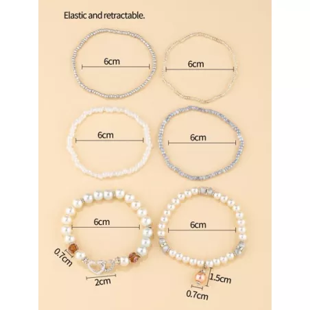 6 piezas/set Pulsera con cuenta con diseño de diamante de imitación y perla artificial