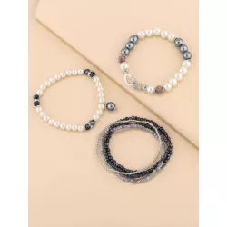 6 piezas/set Pulsera con cuenta con diseño de diamante de imitación y perla artificial