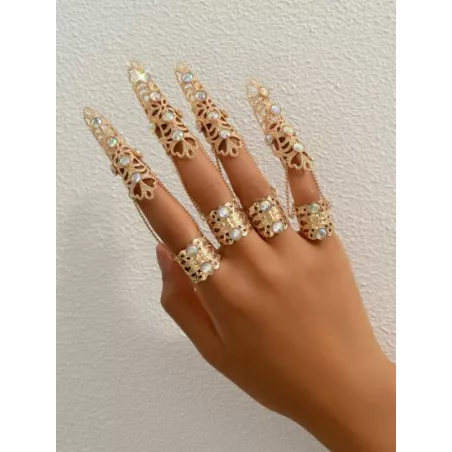 4 piezas Anillo con abertura flor en forma de con diamante de imitación vinculado con cadena ajustable declaración para moda fie