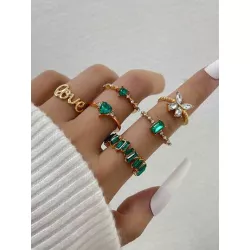 6 piezas/set Set de anillo atractivo piedra preciosa con diseño de diamante de imitación para mujeres para decoración diaria