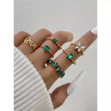 6 piezas/set Set de anillo atractivo piedra preciosa con diseño de diamante de imitación para mujeres para decoración diaria