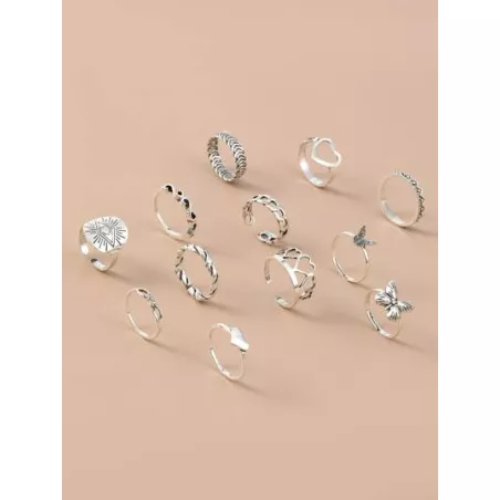 12 piezas/set Anillo moda con corazón & con diseño de mariposa para mujeres para decoración diaria