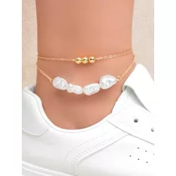 1 pieza Pulsera a capas exquisito con perla artificial & con diseño de cuenta con cadena para mujeres para vacación