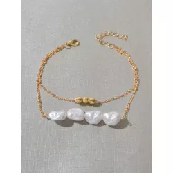 1 pieza Pulsera a capas exquisito con perla artificial & con diseño de cuenta con cadena para mujeres para vacación