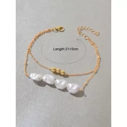1 pieza Pulsera a capas exquisito con perla artificial & con diseño de cuenta con cadena para mujeres para vacación