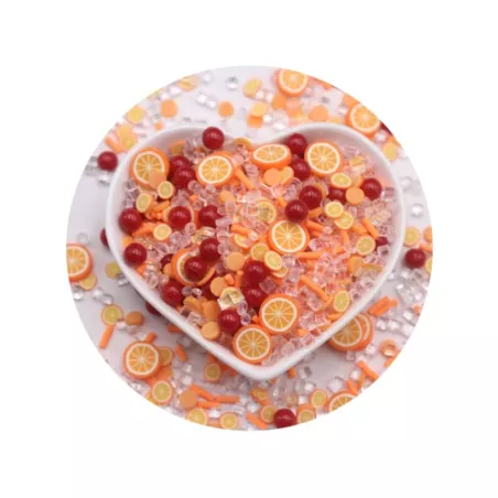 50 g/paquete PVC de imitación naranja fruta en forma de arcilla suave mixto con rojo de plástico rosario & transparente semilla