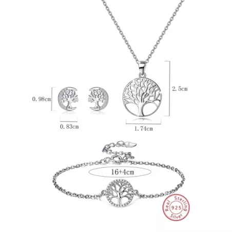 4 piezas/set simple & elegante S925 plata esterlina vida con diseño de árbol Pendientes , Pulsera , Collar Set joya adecuado par