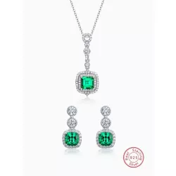 3 piezas/set elegante plata 925 & sintético esmeralda Pendientes con Set collar para mujeres , adecuado para vida diaria , bodas