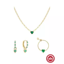 3 piezas Collar + Pendientes + Anillo verde con corazón zirconia cúbica S925 Set joya Mujer aniversario fino