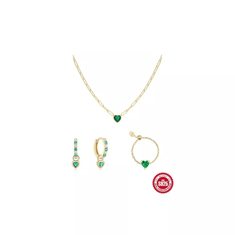 3 piezas Collar + Pendientes + Anillo verde con corazón zirconia cúbica S925 Set joya Mujer aniversario fino